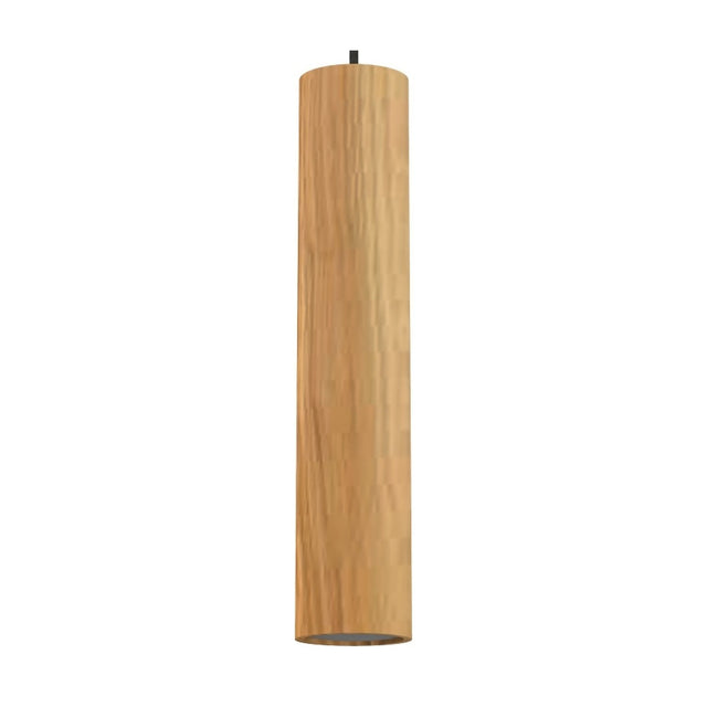 Taria Cylinder Pendant Light in Ash, a slim wooden cylinder shade on a black cable with GU10 fitting, shown on a plain white background.