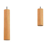 Taria Cylinder Pendant Light in ash wood, shown in two sizes with slim cylindrical shades on black cables against a plain white background.