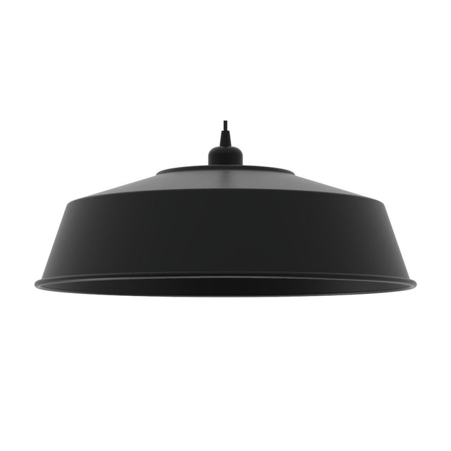Mila Dome Pendant Light in matt black aluminium, a wide shallow dome shade on a black textile cable, shown against a plain white background.
