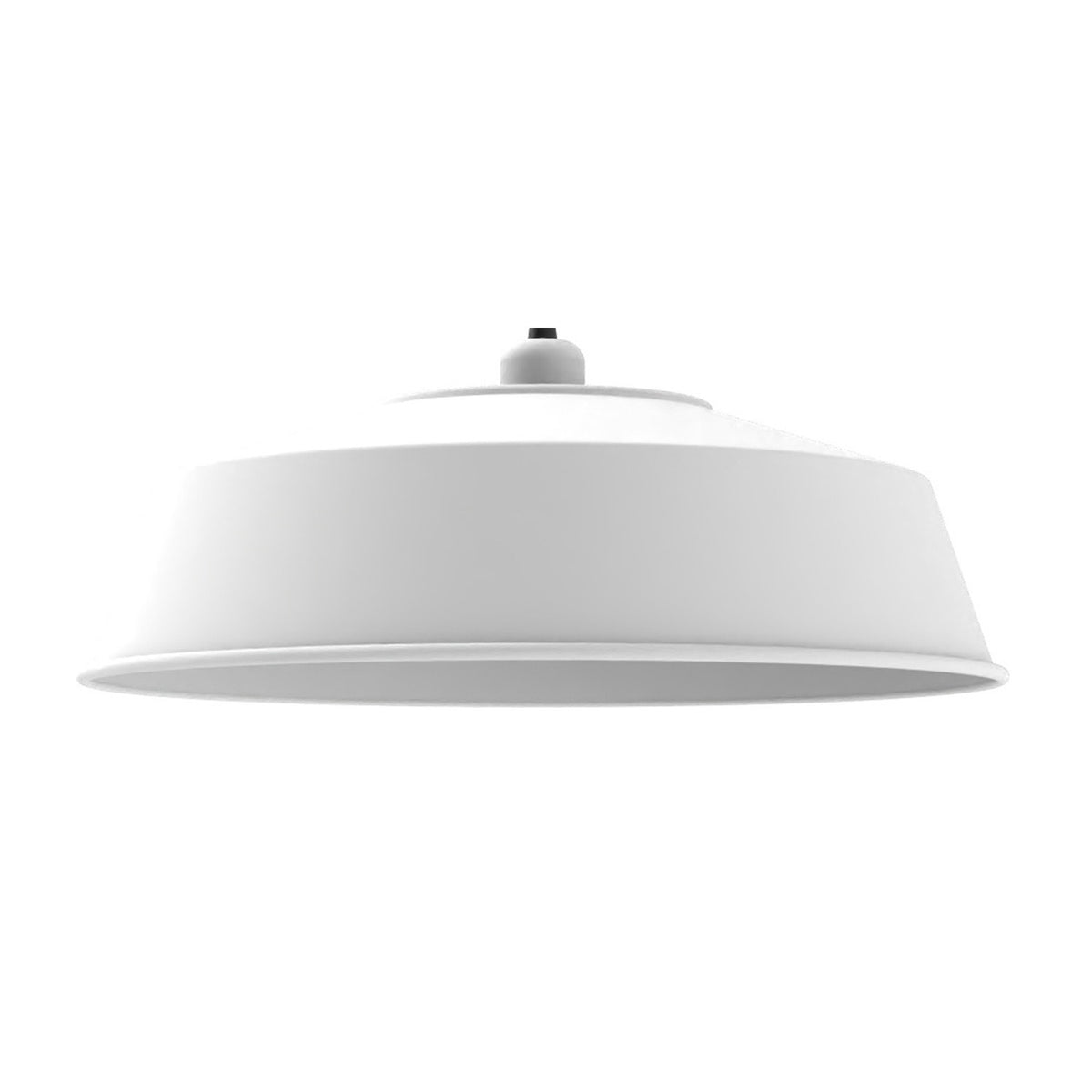Mila Dome Pendant Light in matt white aluminium, a wide shallow dome shade with flared rim and E27 fitting, shown on a plain white background.