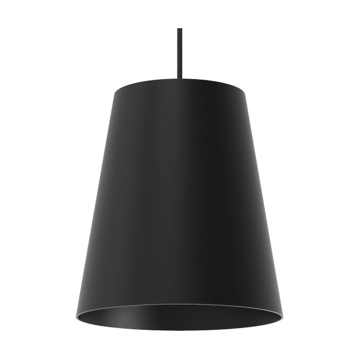 Astra Cone Pendant Light in matt black, a single conical aluminium shade tapering from a wide open base to a narrow top, suspended on a black cable against a plain white background.