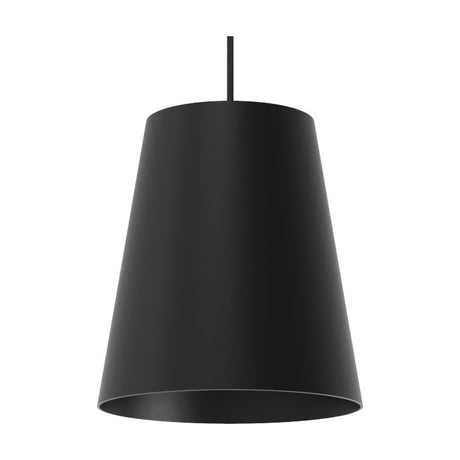 Astra Cone Pendant Light in matt black, a single conical aluminium shade tapering from a wide open base to a narrow top, suspended on a black cable against a plain white background.