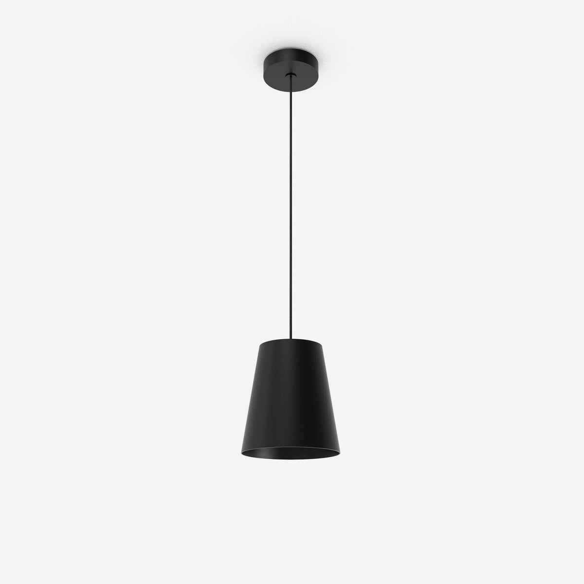 Astra Cone Pendant Light in matt black aluminium, a single cone-shaped shade on a black cable from a round ceiling canopy, shown on a plain white background.