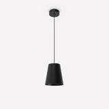 Astra Cone Pendant Light in matt black aluminium, a single cone-shaped shade on a black cable from a round ceiling canopy, shown on a plain white background.