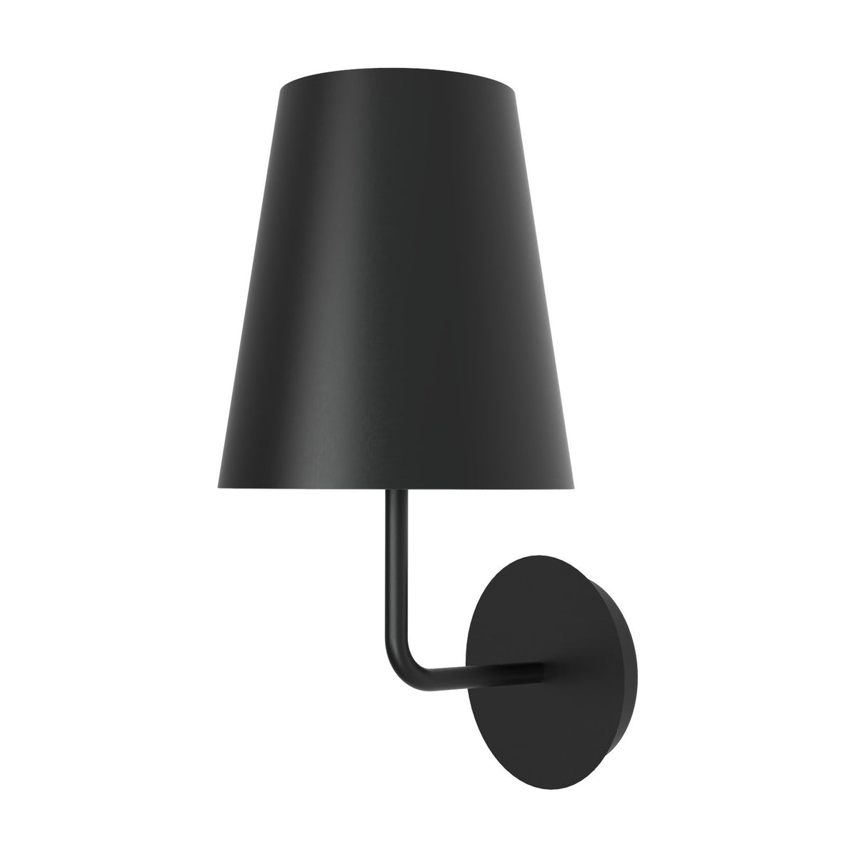 Astra 2 Light Cone Wall Light in matt black, featuring a tapered cone shade on an L-shaped arm with a round wall plate, shown against a plain white background.