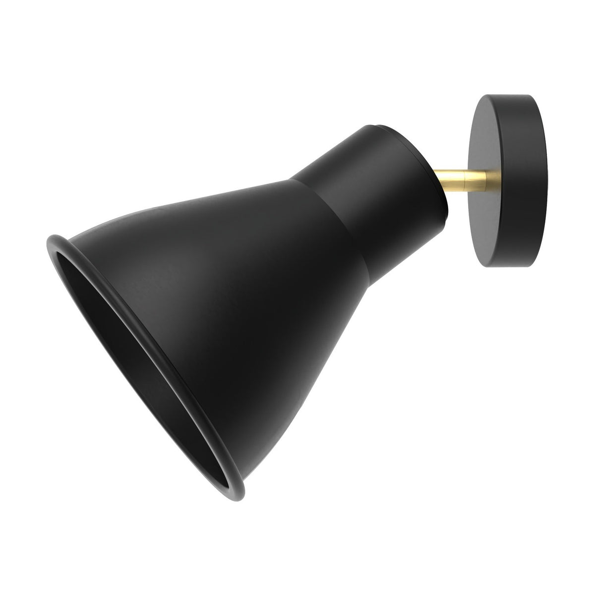 Cira Cone Wall Light in matt black with a slim gold stem connecting a conical aluminium shade to a round wall plate, shown on a plain white background.