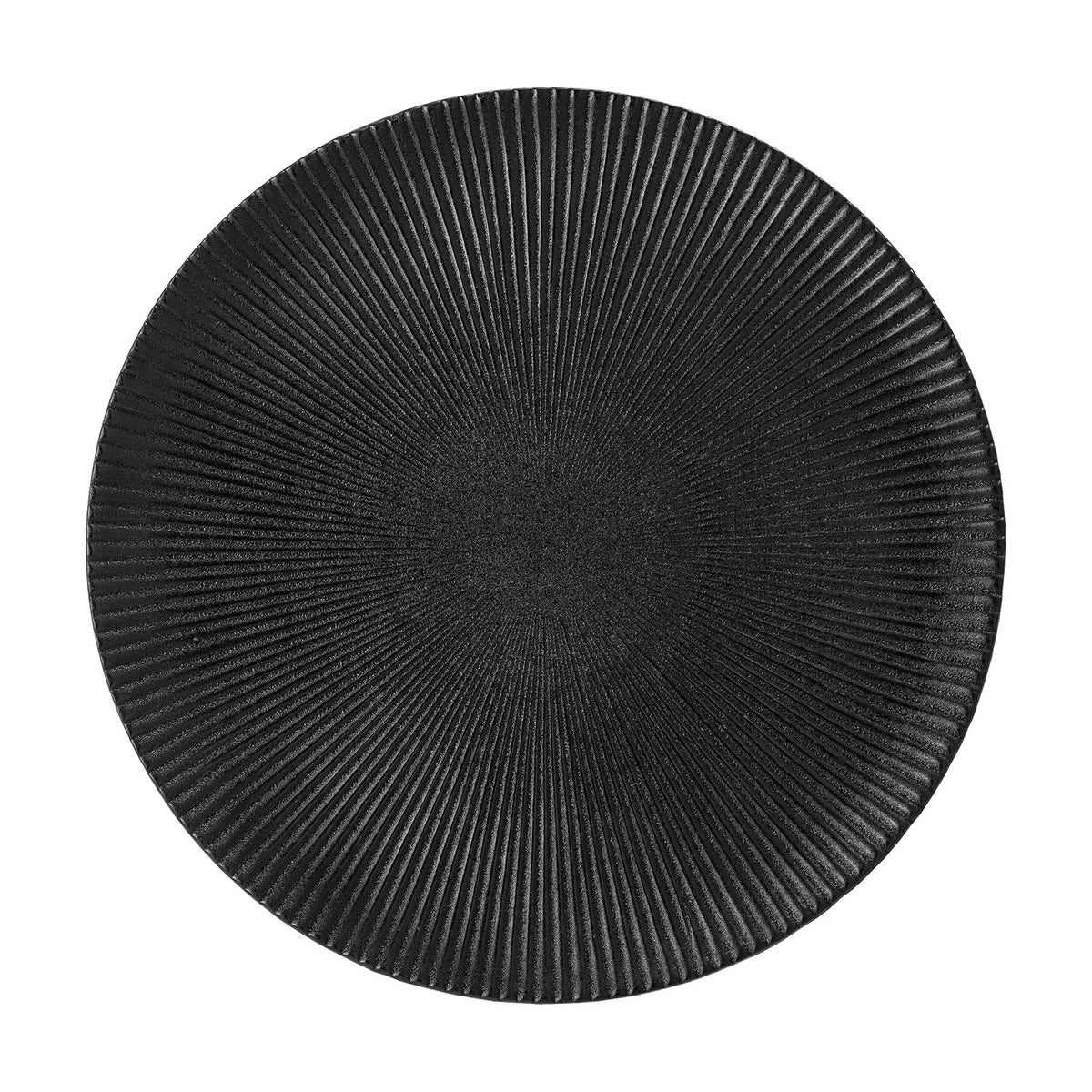 Neri Stoneware Dinner Plate in black, round with fine ridges radiating from centre to rim, shown from above on a plain white background.
