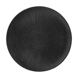 Neri Stoneware Dinner Plate in black, round with fine ridges radiating from centre to rim, shown from above on a plain white background.