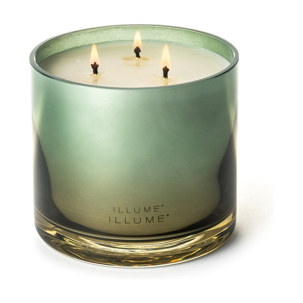 Hinoki Sage Glass Scented Candle 590g in a green ombre glass jar with three lit wicks, set against a plain white background.