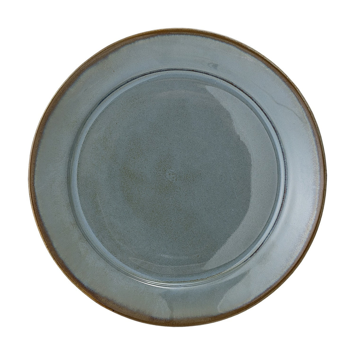 Pixie Stoneware Dinner Plate in blue, round with a wide flat rim and sunken centre, reactive glaze with brown edge detailing, shown on a plain white background.