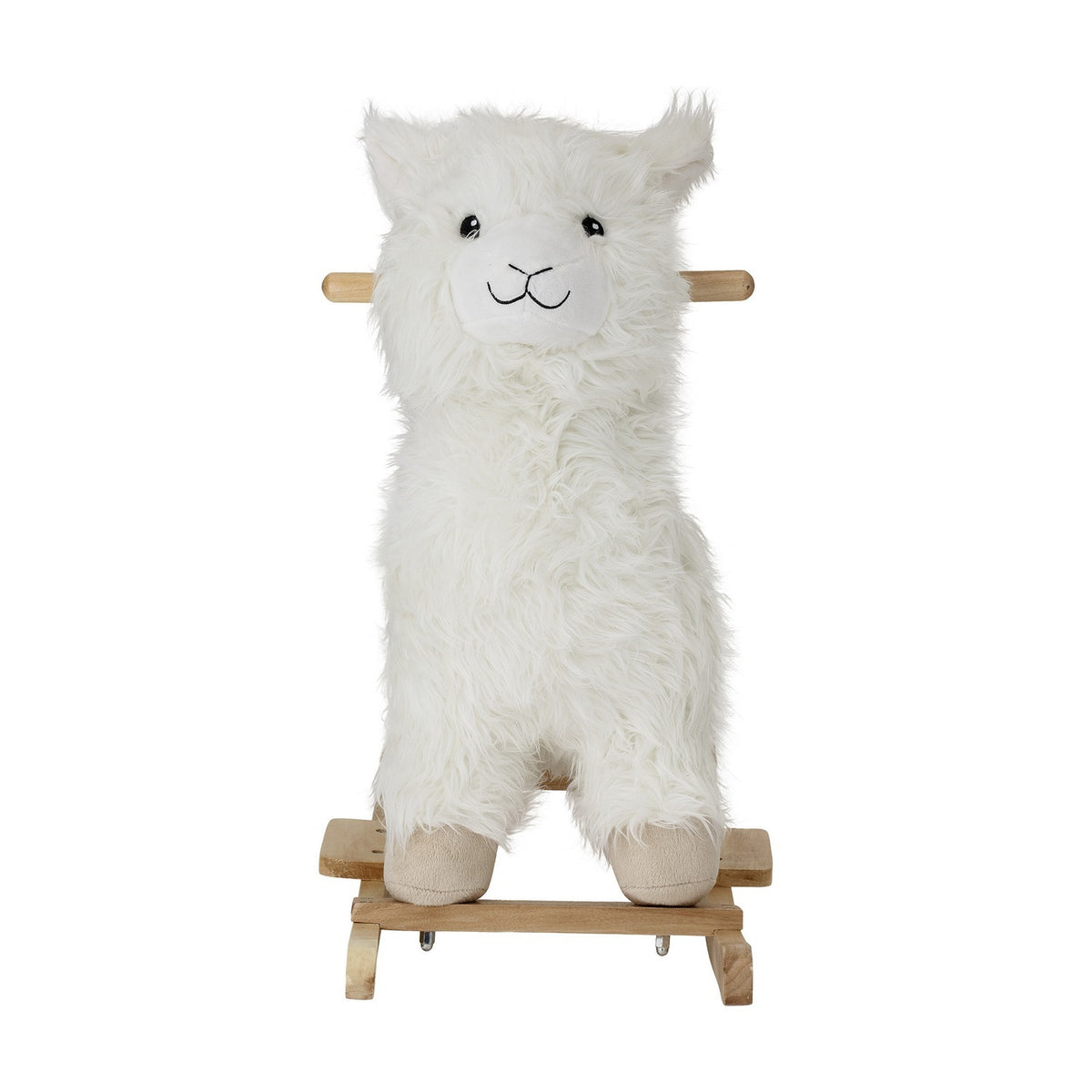 Kinto Rocking Llama in white, a shaggy plush toy on wooden rockers with a through-head handle grip, stitched face and poplar wood base, shown on a plain white background.