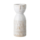 Embla Stoneware Vase 14.5cm in white, a small figure-shaped vase with a sculpted face at the rim and raised dot, bar and cross motifs around the body, shown on a plain white background.