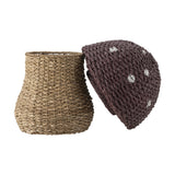Corintha Mushroom Seagrass Basket with Lid in Brown, woven stem-shaped basket with domed, spotted mushroom-cap lid removed to show open storage, on a white background.
