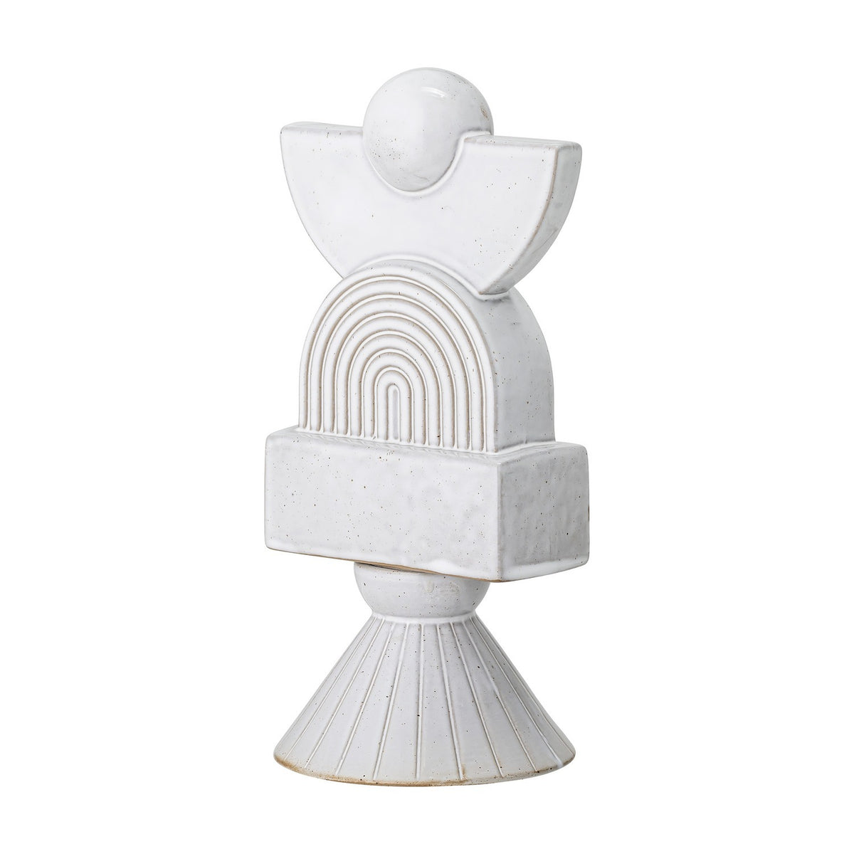 Beatrice Stoneware Ornament in white, a tower of stacked ceramic shapes including a ball, half-moon, ridged arch, block and ribbed cone base, shown on a plain white background.