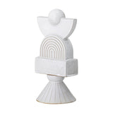 Beatrice Stoneware Ornament in white, a tower of stacked ceramic shapes including a ball, half-moon, ridged arch, block and ribbed cone base, shown on a plain white background.
