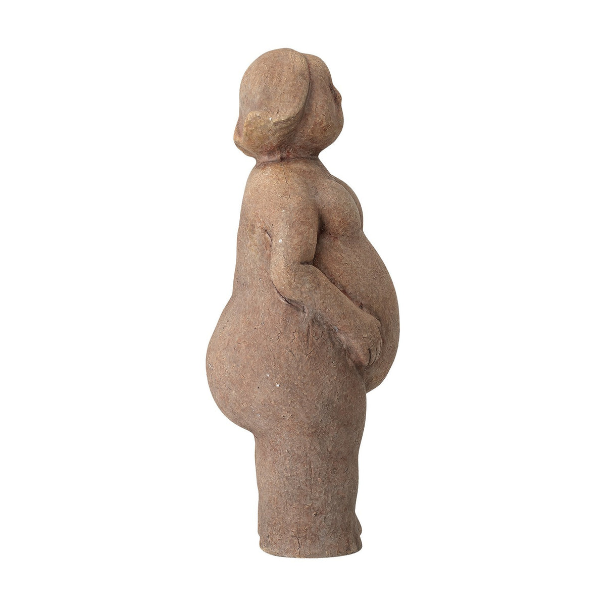 Sidsel Terracotta Ornament in Brown, a side-profile figurine of a standing woman with a rounded belly, hands resting on it, and softly shaped features, set against a plain white background.