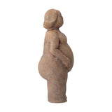 Sidsel Terracotta Ornament in Brown, a side-profile figurine of a standing woman with a rounded belly, hands resting on it, and softly shaped features, set against a plain white background.