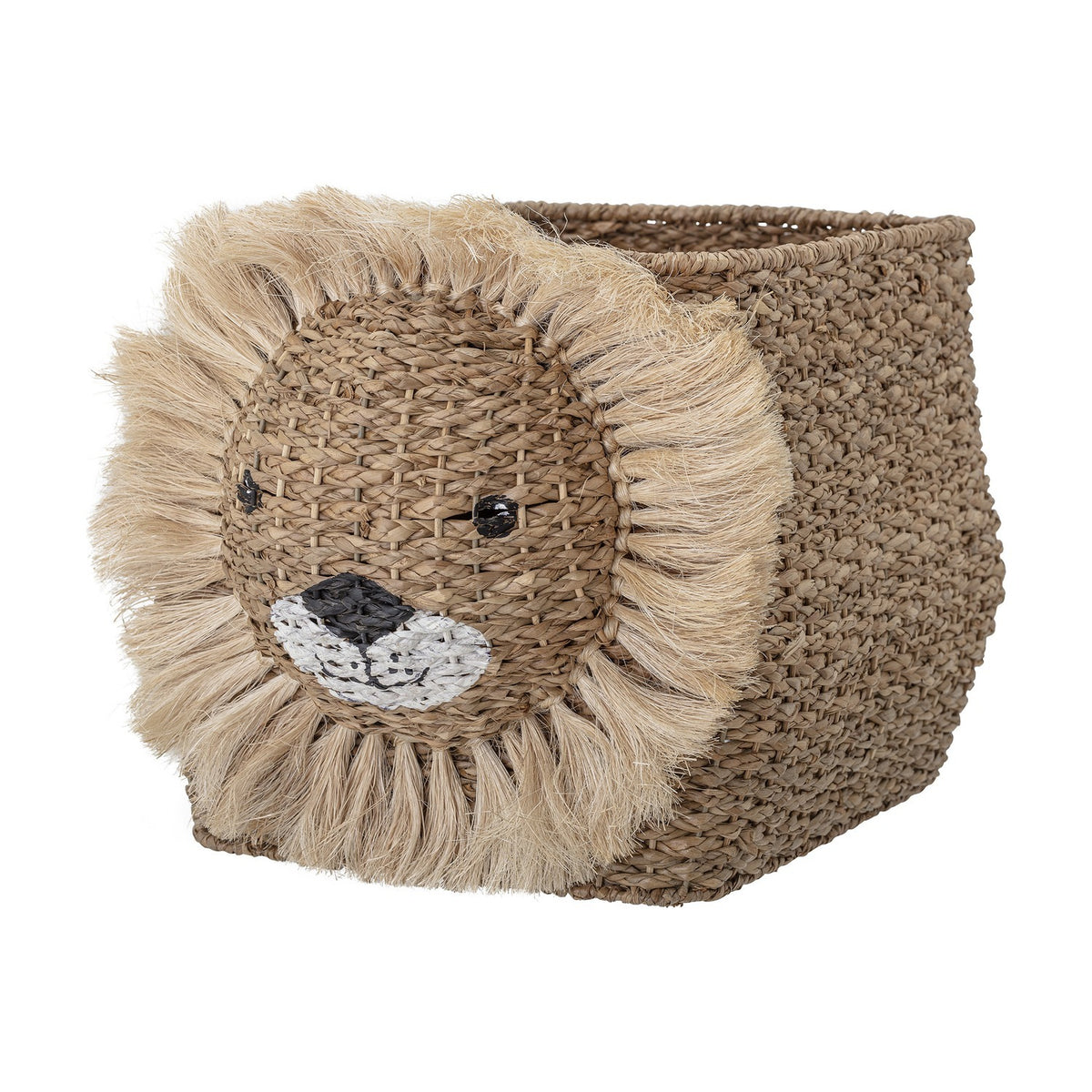 Harrison Basket in beige woven bankuan grass, rectangular kids storage with a lion's head design featuring a fringed mane on one end, shown on a white background.