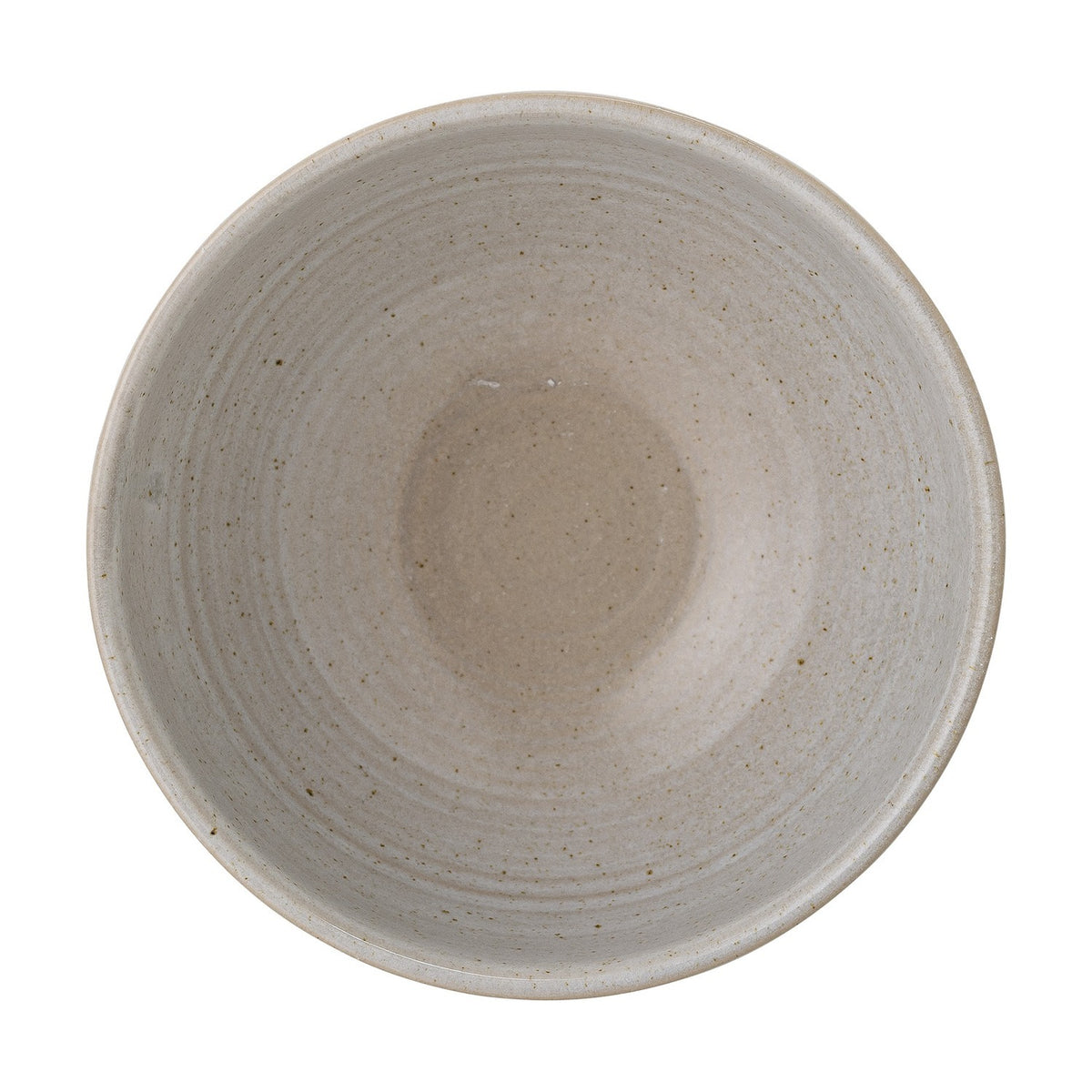 Top-down view of the Taupe Stoneware Bowl 13cm in grey, showing a speckled ceramic surface with faint concentric rings and a rounded rim, on a plain white background.