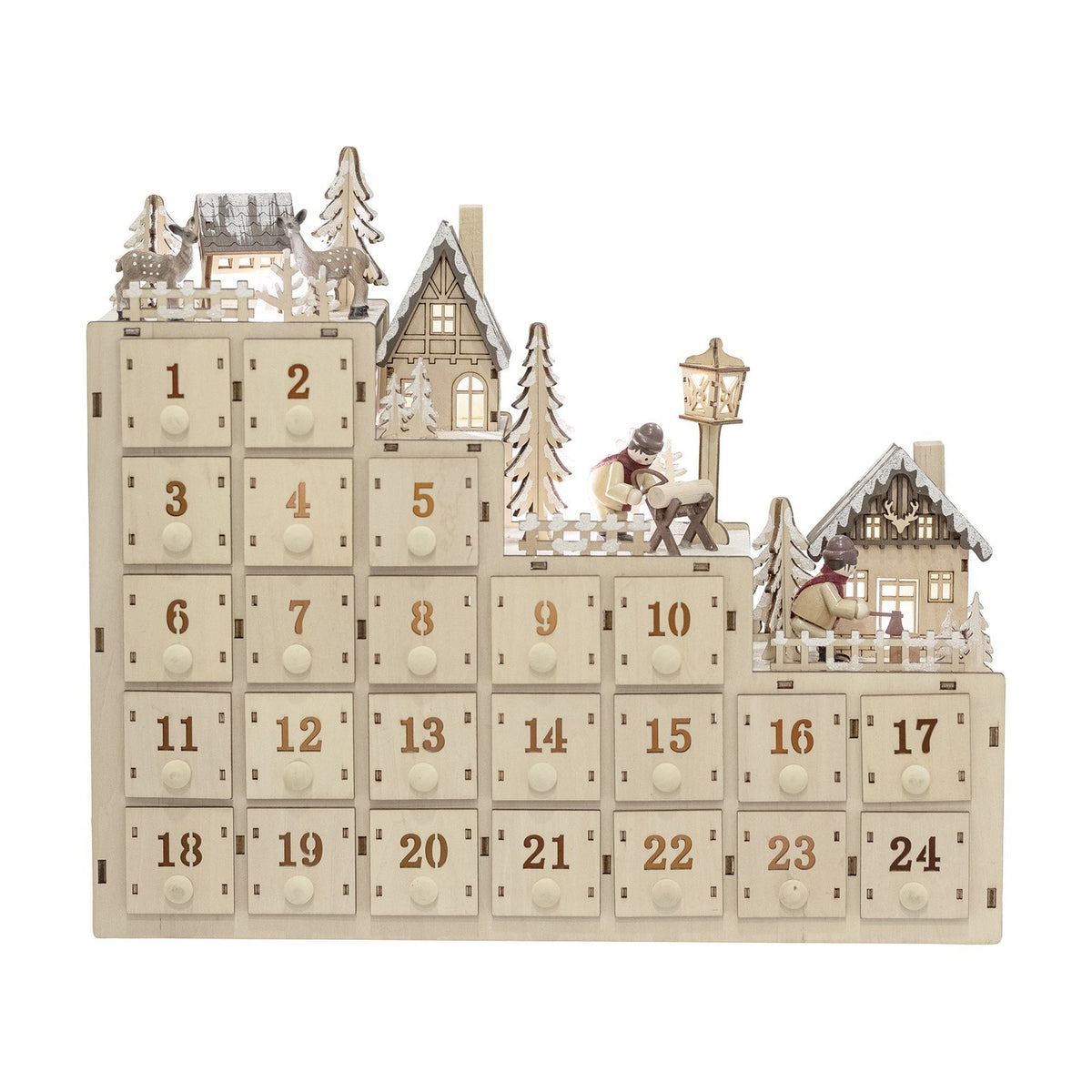 Richie Wooden Advent Calendar with Light in natural plywood, featuring 24 numbered drawers beneath a tiered winter village scene with houses, fir trees and deer.