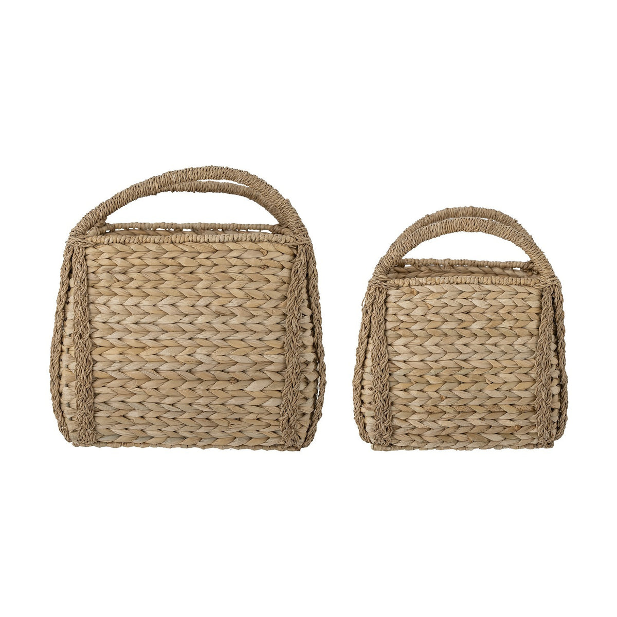 Selma Baskets Set of 2 in beige bankuan grass, two rectangular woven storage baskets with braided corner trim and arched loop handles, on a plain white background.