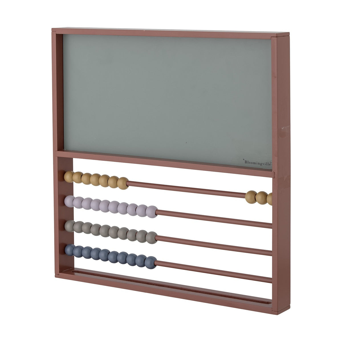Marcello Wooden Abacus in green with a plywood writing board above four rows of coloured beads on rods, set in a terracotta wooden frame against a white background.