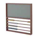 Marcello Wooden Abacus in green with a plywood writing board above four rows of coloured beads on rods, set in a terracotta wooden frame against a white background.