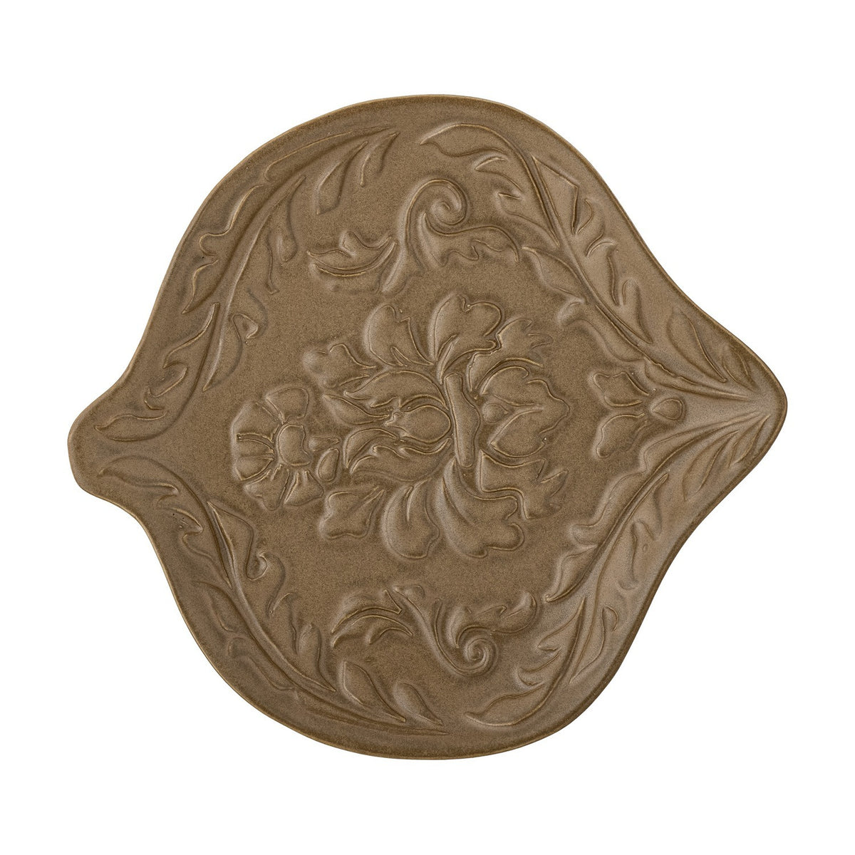 Lizz Floral Stoneware Bowl in brown, 18x16cm, with a raised floral and leaf motif and pointed tips on either side, shown on a plain white background.