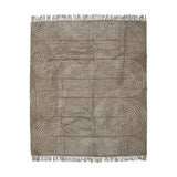 Zeynep Cotton Rug in brown, 215x150cm, featuring rounded arch patterns in lighter lines along each side and fine horizontal bands at the centre, shown with fringed edges on a plain white background.