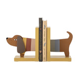 Charlie Dog Bookends Set of 2 in MDF, shaped as a dachshund split into head and tail ends with striped multicoloured sides, shown holding books on a white background.