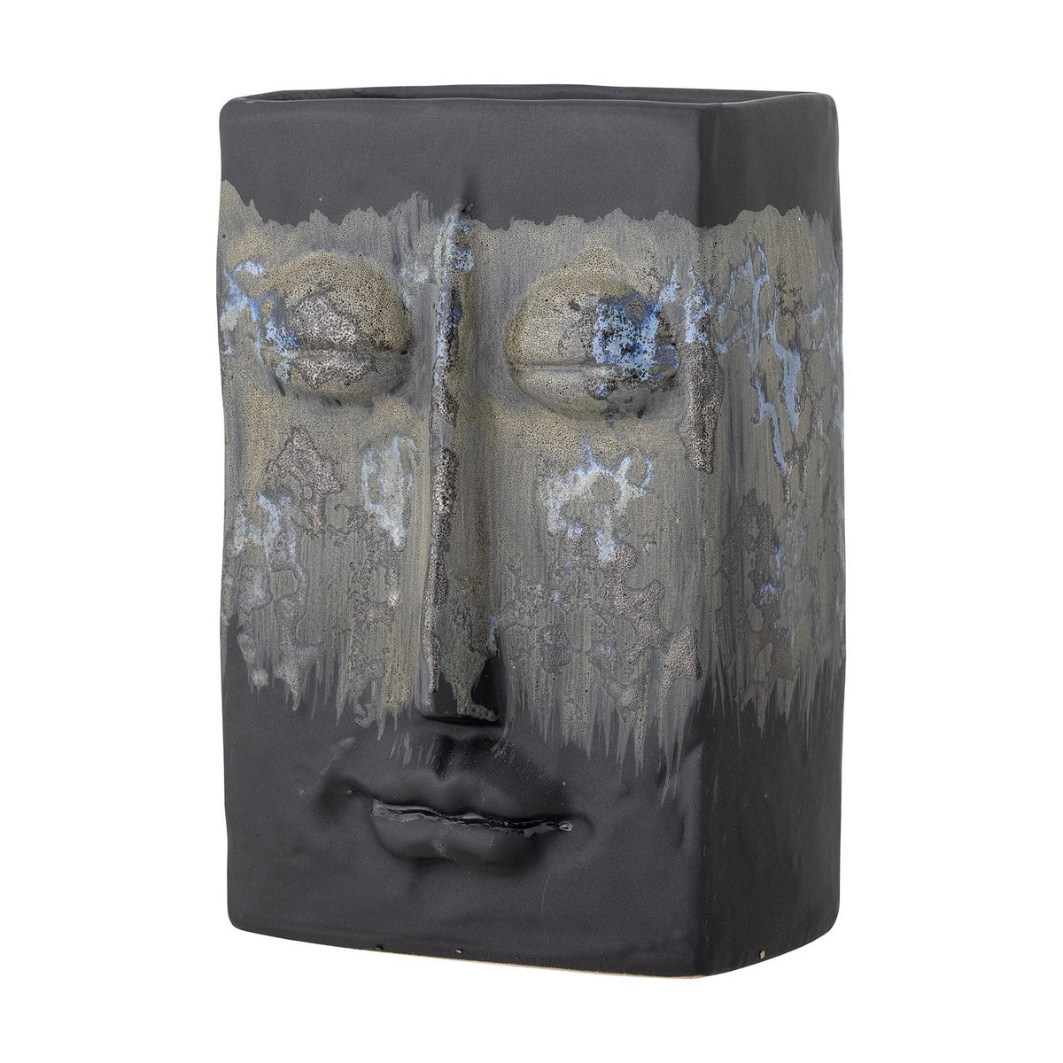 Nasru Stoneware Vase 22cm in black, a rectangular ceramic vase moulded with a face featuring closed eyes, nose and lips, with speckled drip-glaze across the eyes, on a plain white background.