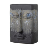 Nasru Stoneware Vase 22cm in black, a rectangular ceramic vase moulded with a face featuring closed eyes, nose and lips, with speckled drip-glaze across the eyes, on a plain white background.