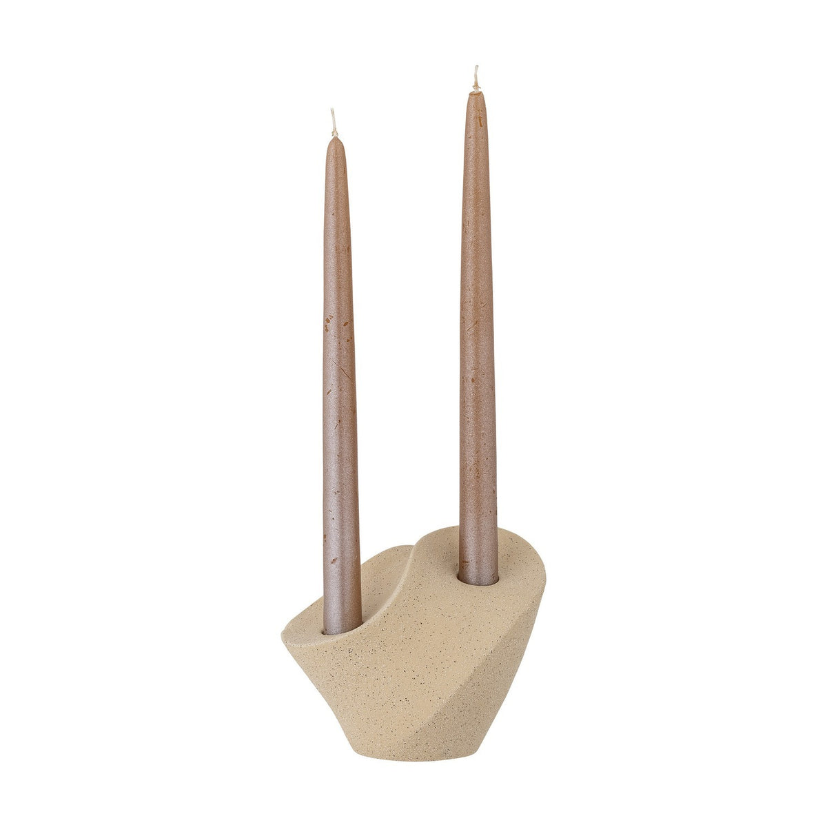 Brent Stoneware Candle Holder in beige, a sculptural two-hole base with staggered heights holding two tall tapered candles, speckled sandy finish, on a plain white background.