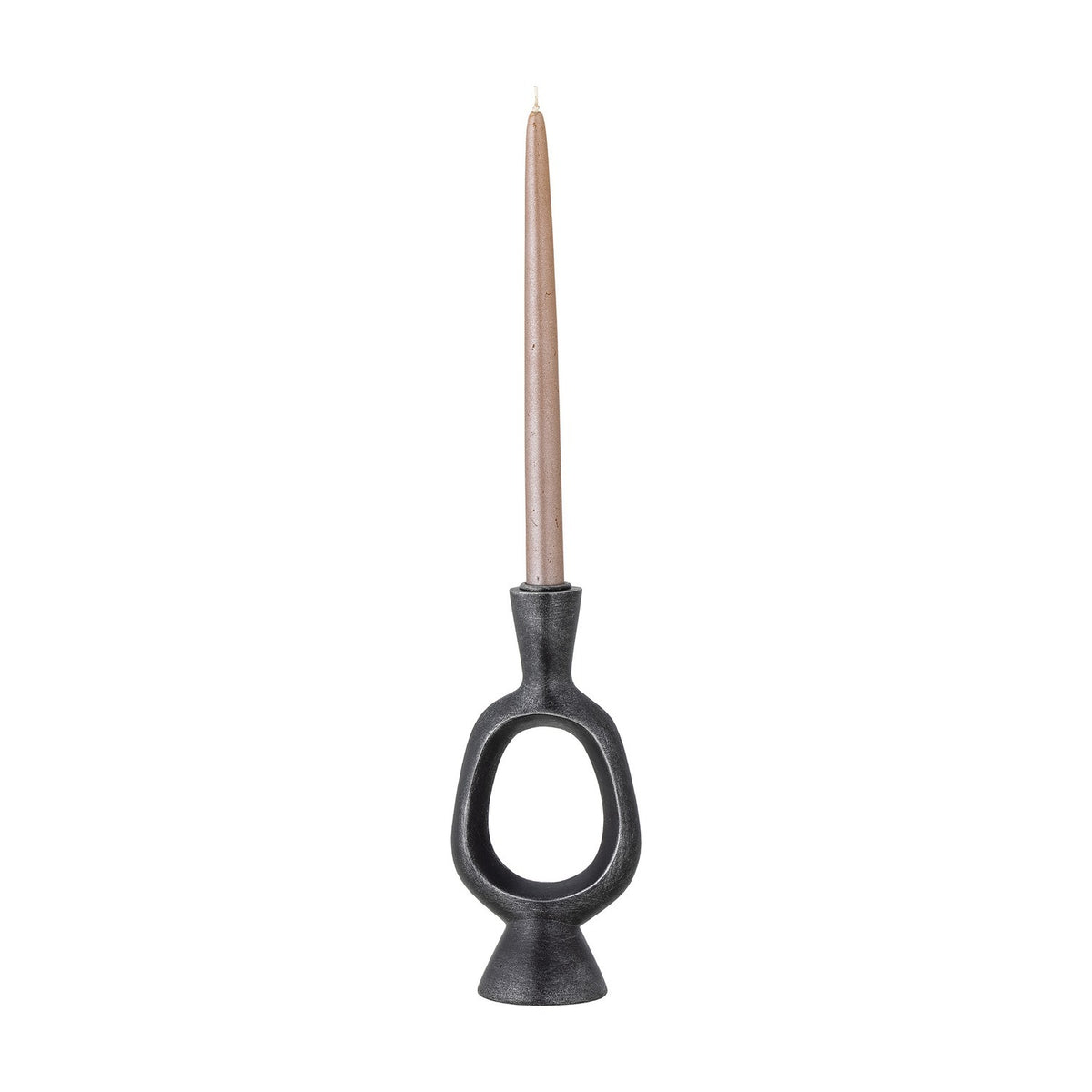 Bijan black resin candle holder with a sculptural open oval loop, flared neck, and conical foot, holding a single taper candle against a plain white background.