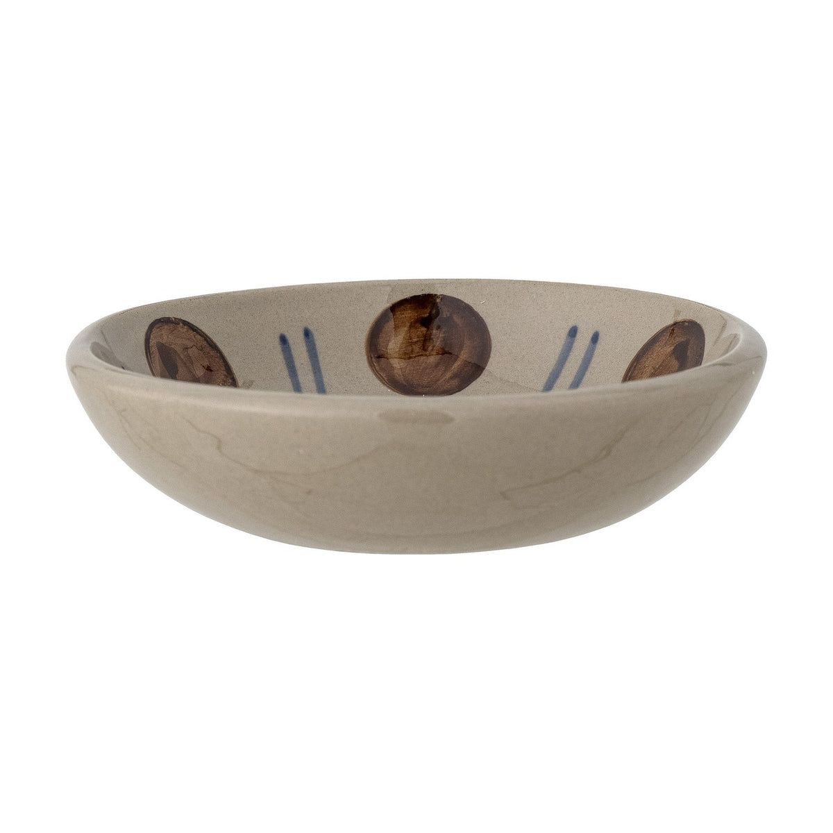 Peline Stoneware Bowl 11cm, shallow rustic ceramic dip bowl in beige with brown circular motifs and blue dash accents, shown on a plain white background.