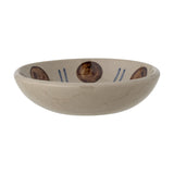 Peline Stoneware Bowl 11cm, shallow rustic ceramic dip bowl in beige with brown circular motifs and blue dash accents, shown on a plain white background.