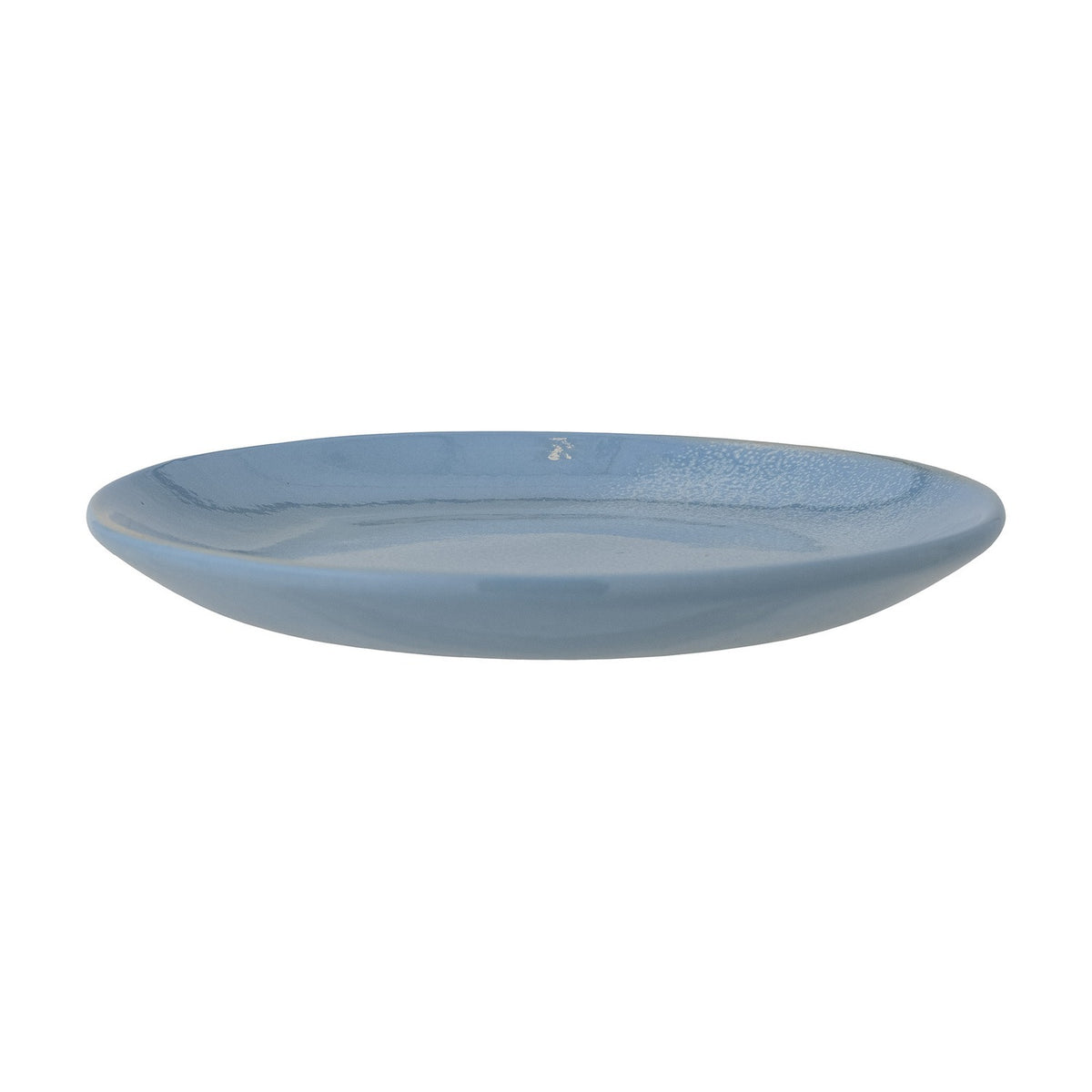 Safie Speckled Stoneware Plate in blue, shown side-on with a low curved rim and glossy speckled glaze, set against a plain white background.