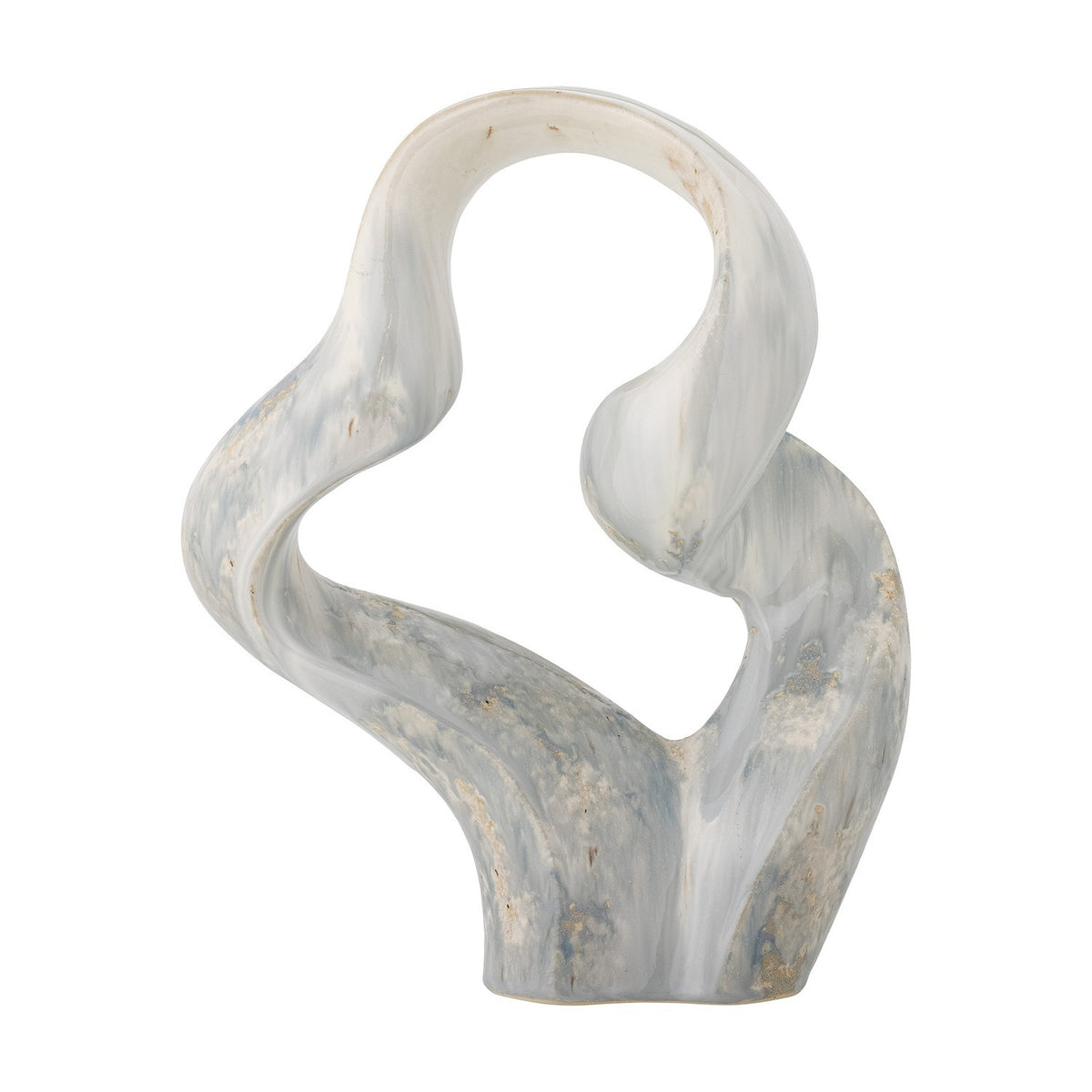 Rouyi Stoneware Ornament in grey, an abstract sculpture with twisting, looped arms rising from a narrow base, finished in marbled grey tones on a plain white background.