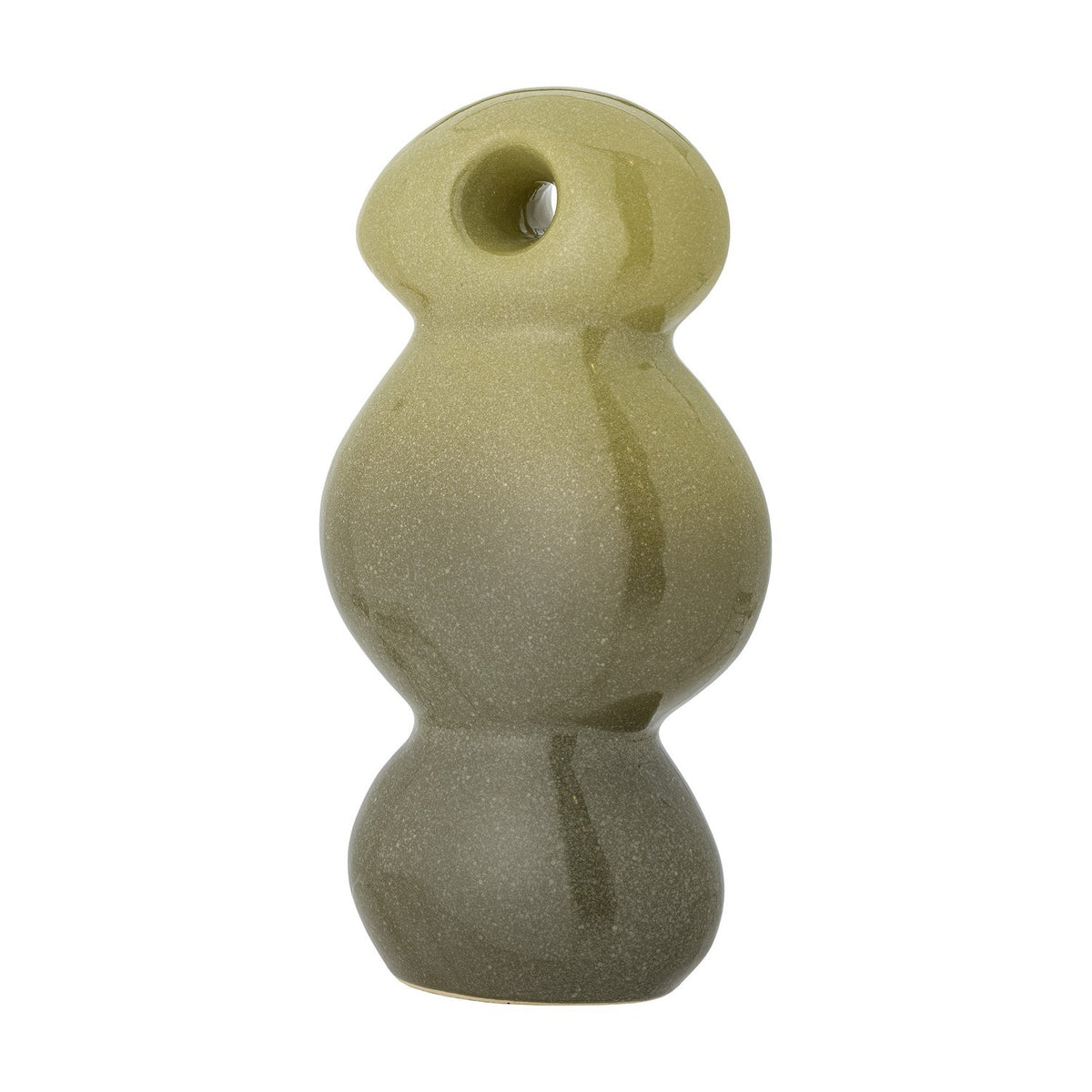 Kaui Stoneware Ornament in green, a sculptural piece of three stacked rounded forms with a pierced oval head, glossy speckled glaze fading from light to deep green, on a plain white background.