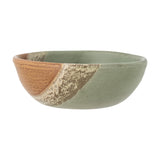 Paula Stoneware Bowl 16cm in Green, a round ceramic dining bowl with reactive green glaze and a diagonal speckled tan-brown band, shown on a plain white background.