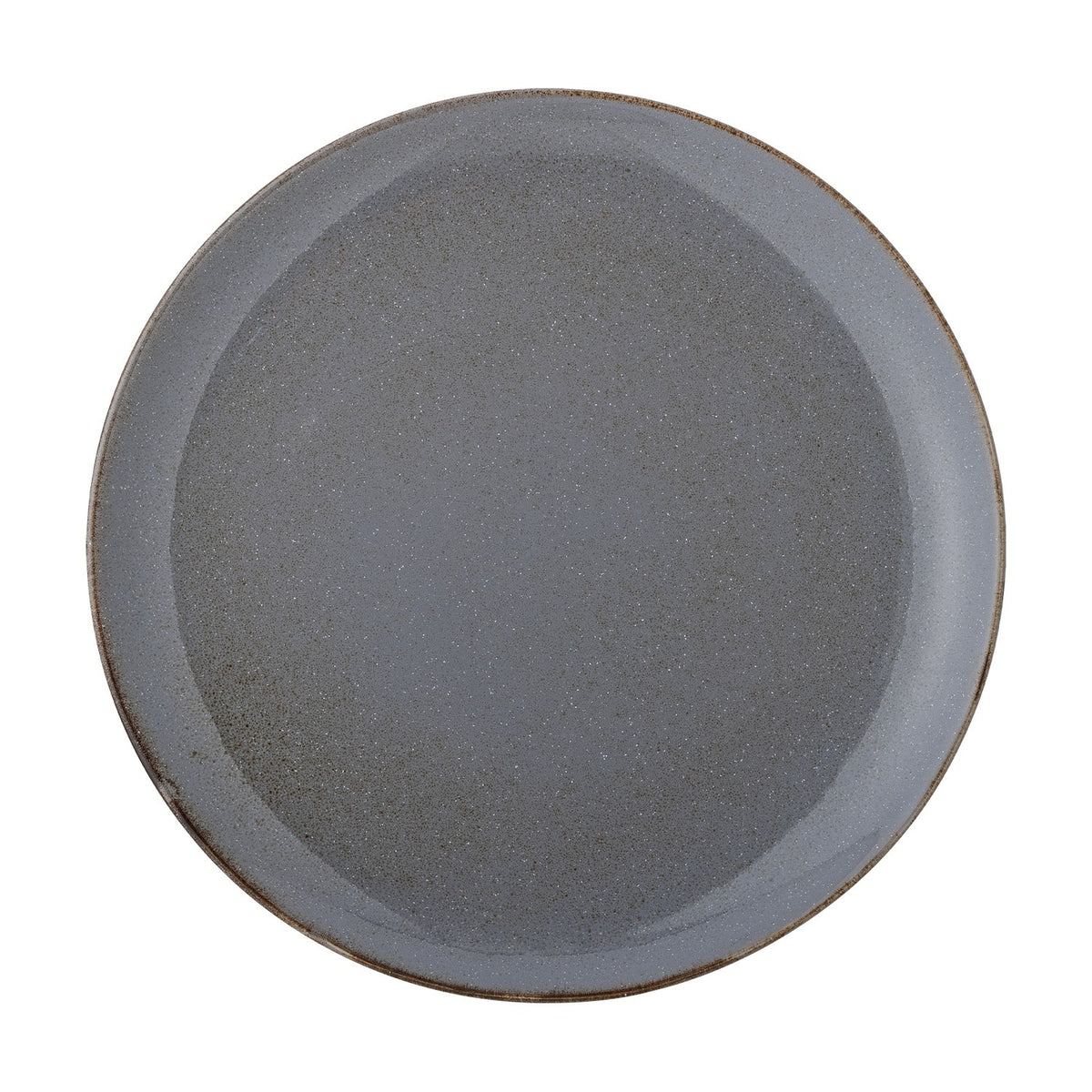Sandrine Stoneware Dinner Plate in grey, 28.5cm round with a low profile, raised rim, and speckled reactive glaze, shown on a plain white background.