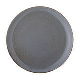 Sandrine Stoneware Dinner Plate in grey, 28.5cm round with a low profile, raised rim, and speckled reactive glaze, shown on a plain white background.