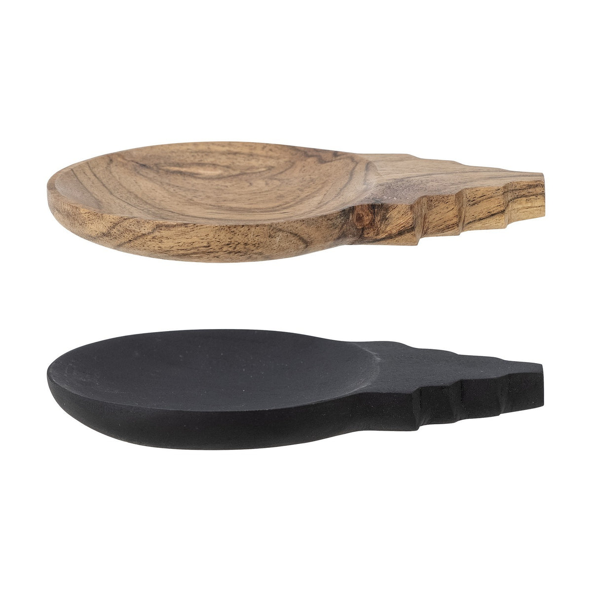 Tiara Wooden Bowls set of 2, shallow acacia dishes with stepped tab handles, shown in natural wood grain and matte black finish on a white background.