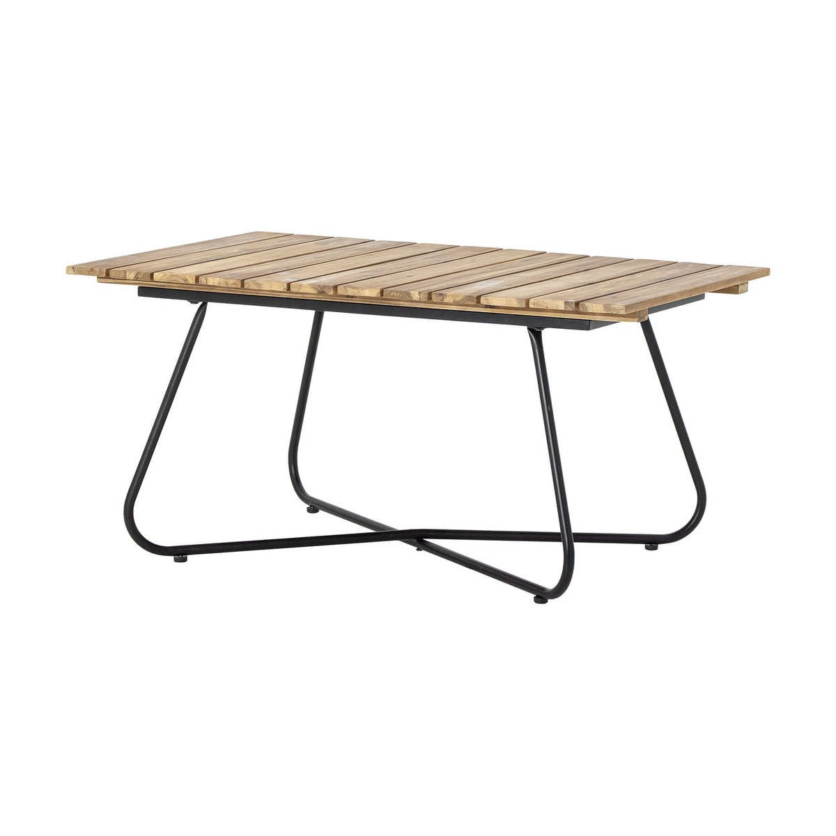 Hampton Wooden Garden Table in brown, featuring a slatted acacia wood top on a black powder-coated iron frame with angled legs and cross-bar support, shown on a plain white background.