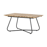 Hampton Wooden Garden Table in brown, featuring a slatted acacia wood top on a black powder-coated iron frame with angled legs and cross-bar support, shown on a plain white background.