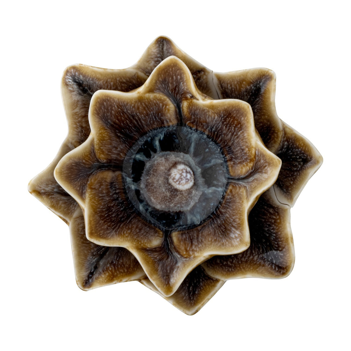 Dinah Flower Stoneware Tealight Holder in brown, shaped as a layered petal flower with a round central well, shown from above on a plain white background.