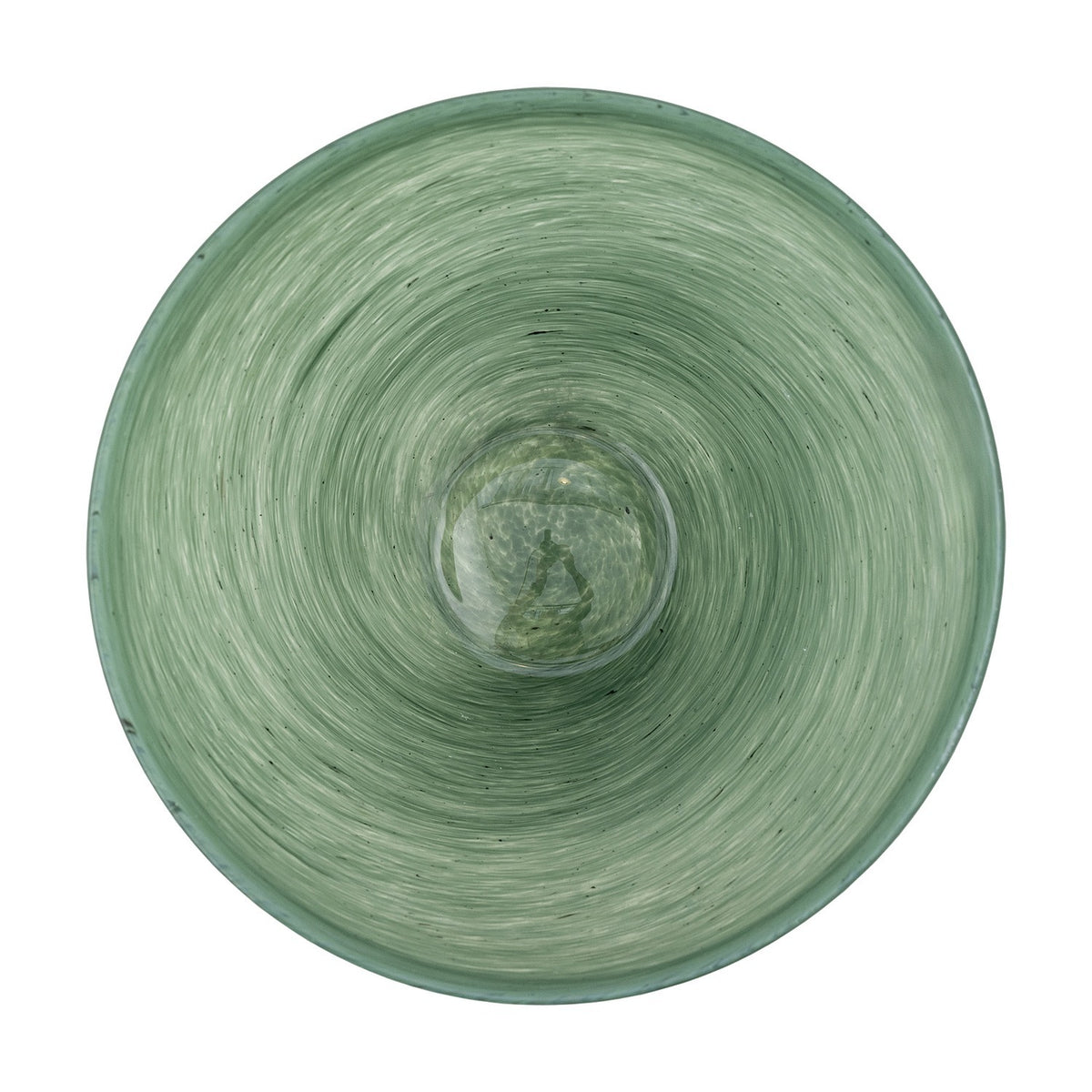 Top-down view of the Esmaralda Glass Bowl 25cm in green, showing swirled glass texture spiralling to a small round centre, set against a plain white background.