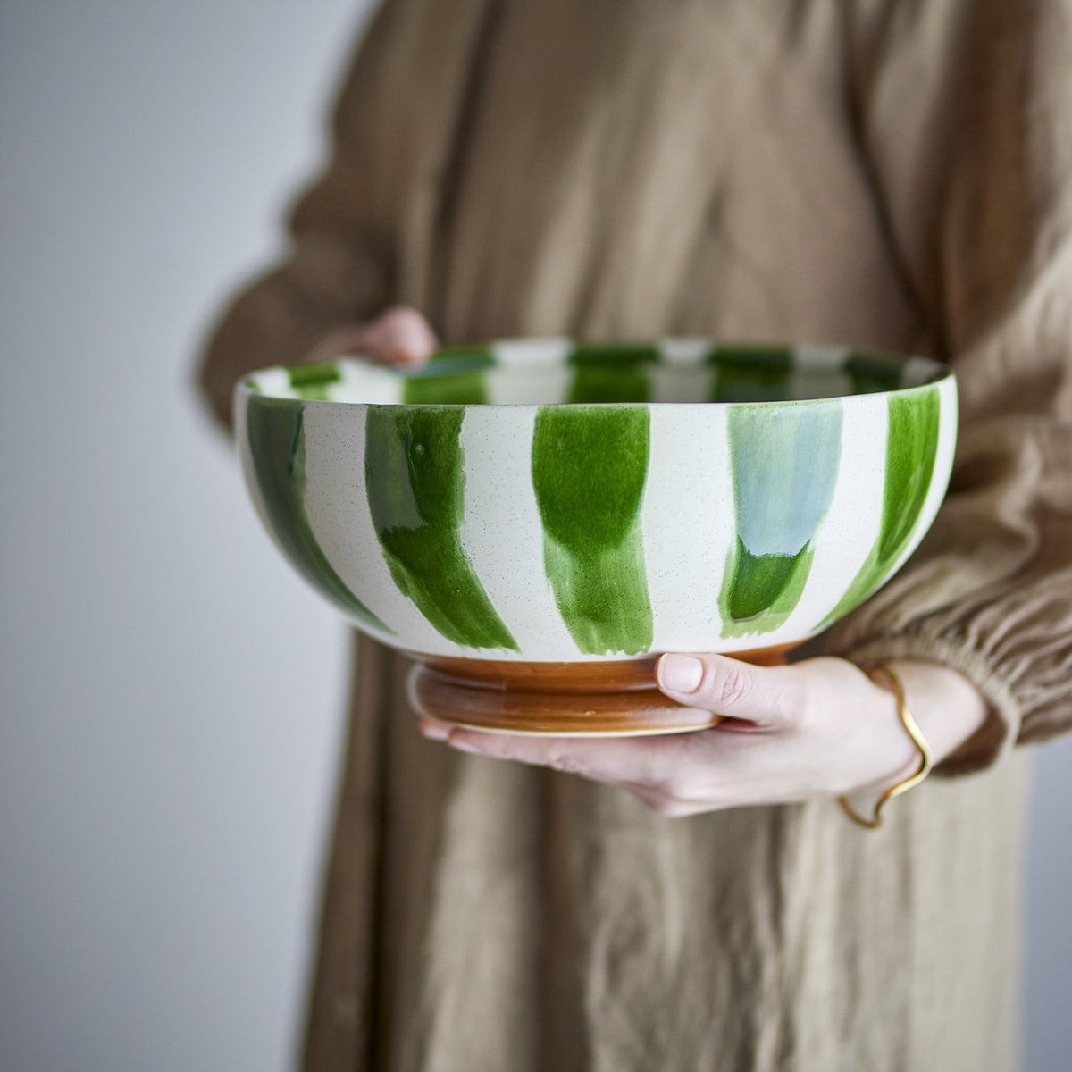 Shakti Striped Stoneware Bowl 26cm - Green