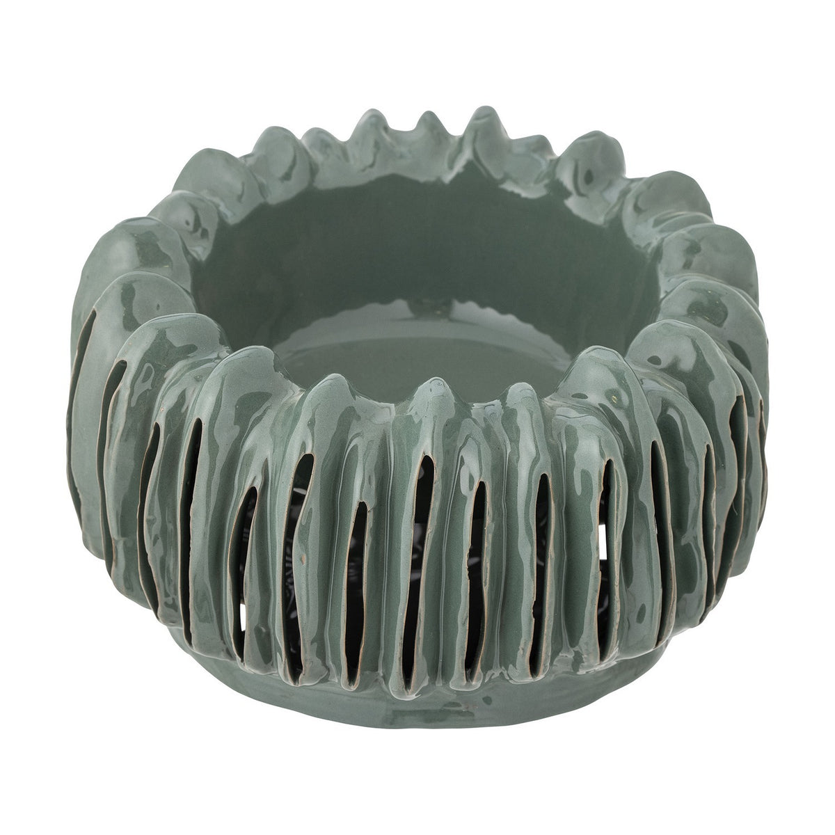 Mavel Stoneware Plant Pot in green, a low wide planter with glossy ceramic finish, vertical slits between ribbed walls and a scalloped rim, shown on a white background.