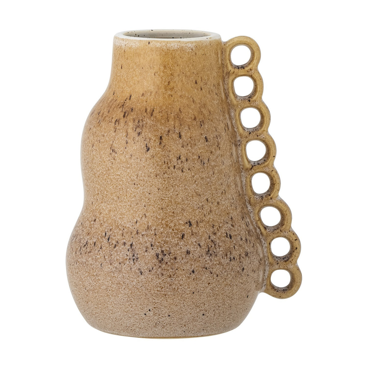 Souri Stoneware Vase 23cm in brown, featuring a curved, speckled body with a narrow neck and a side handle of open circular loops, set against a plain white background.